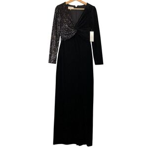 New Teri Jon Black Velvet Sequin Long Sleeve Formal Maxi Dress 6
